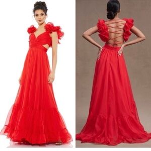 Mac Duggal Red One-Shoulder Ruffled Lace-Up Back Evening Gown